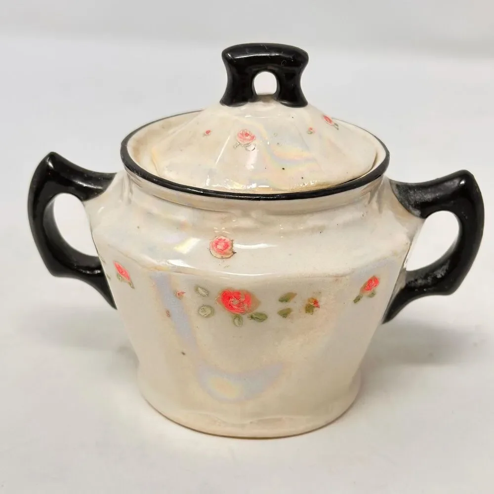 Vintage Victoria Czechoslovakia Lusterware Sugar Bowl and Creamer Black Trim
